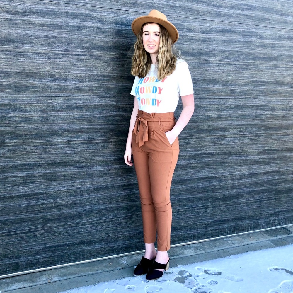 New! Skinny High Waist Paper Bag Pants in Copper - Picture 7 of 16